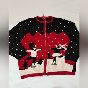 Gallagher Vintage Festive Ice Skating Zip Sweater Cardigan in Red Black size XL